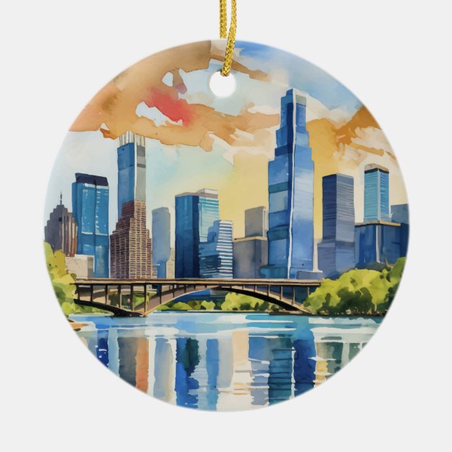Lady Bird Lake Austin Texas Watercolor Ceramic Ornament (Front)