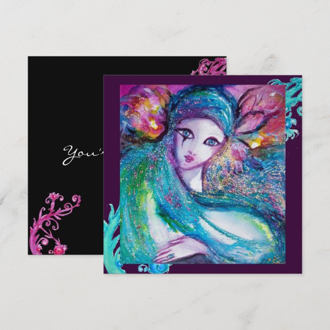 LADY BLUE MASK Masquerade Party,Teal Black Purple Invitation (Front/Back)
