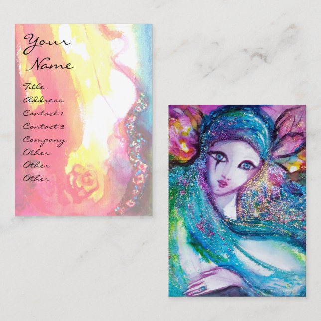 LADY BLUE MASK Venetian Masquerade Pink Gold Rose Business Card (Front/Back)