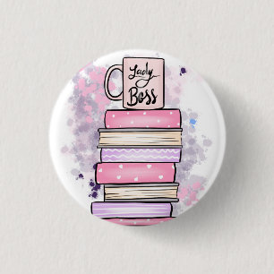 Lady Boss Books and Mug 1 Inch Round Button