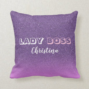 Lady Boss on pink purple glitter name Throw Pillow