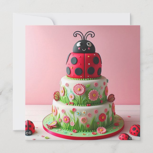 LADY BUG AND FLOWERS KIDS BIRTHDAY CAKE CARD (Front)