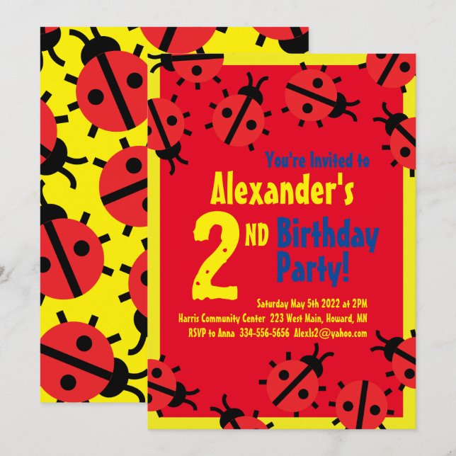 Lady Bug Animal Kid's Birthday Party Invitations (Front/Back)