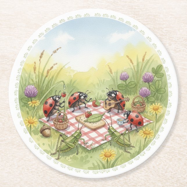 Lady bug cricket spring garden party coasters (Front)