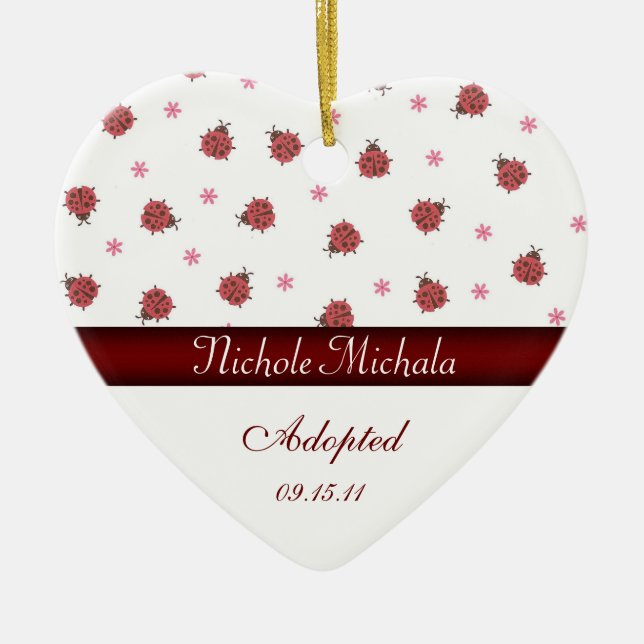 Lady Bug Heart Shaped Adoption Announcement Keepsa Ceramic Ornament (Front)