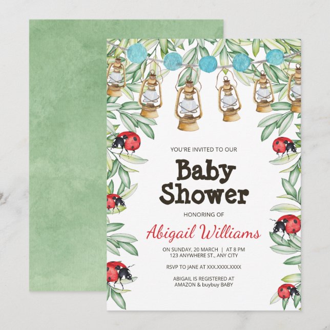 Lady Bug in Greenery Garden Baby Shower Invitation (Front/Back)