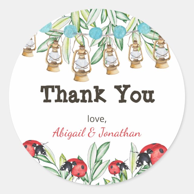 Lady Bug in Greenery Garden Thank You Classic Round Sticker (Front)