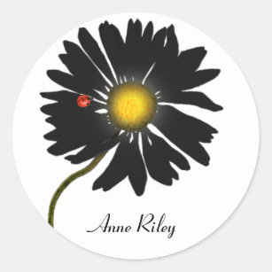 lady bug on black daisy classic round sticker