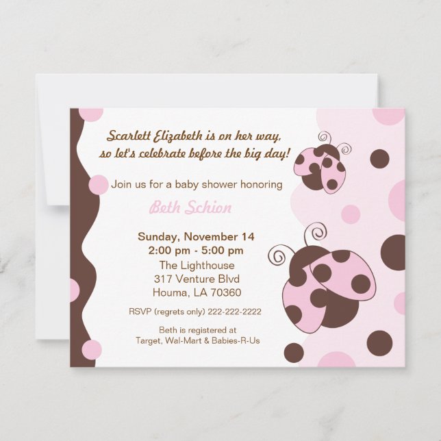 Lady Bug Pink & Brown Invitation (Front)