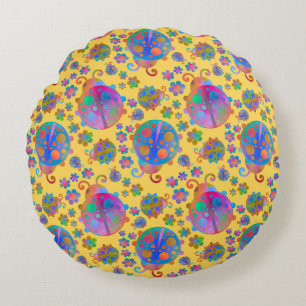 Lady Bugs Amongst the Flowers on a Midsummer Day Round Pillow