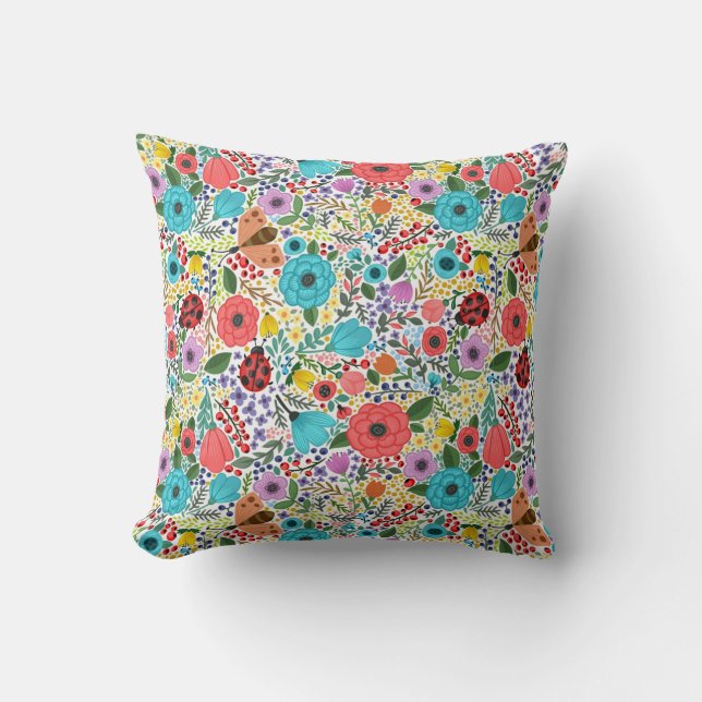 Lady Bugs and Flowers Throw Pillow (Front)