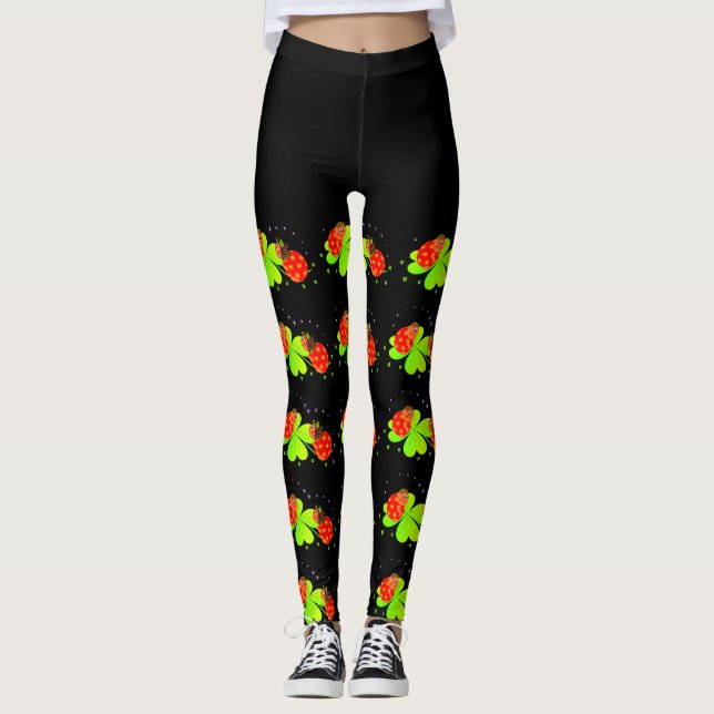 Lady Bugs sur un Motif Shamrock Black Top Leggings (Devant)