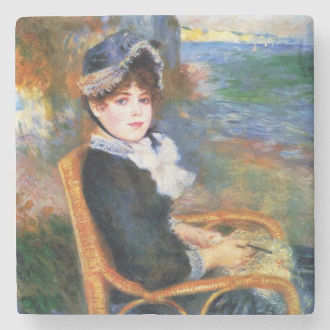 Lady by the Seashore (by Pierre-Auguste Renoir) Stone Coaster (Front)