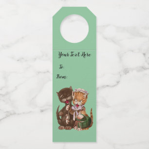 Lady Cat Giving Male Gift of Rats Mint Green Bottle Tag