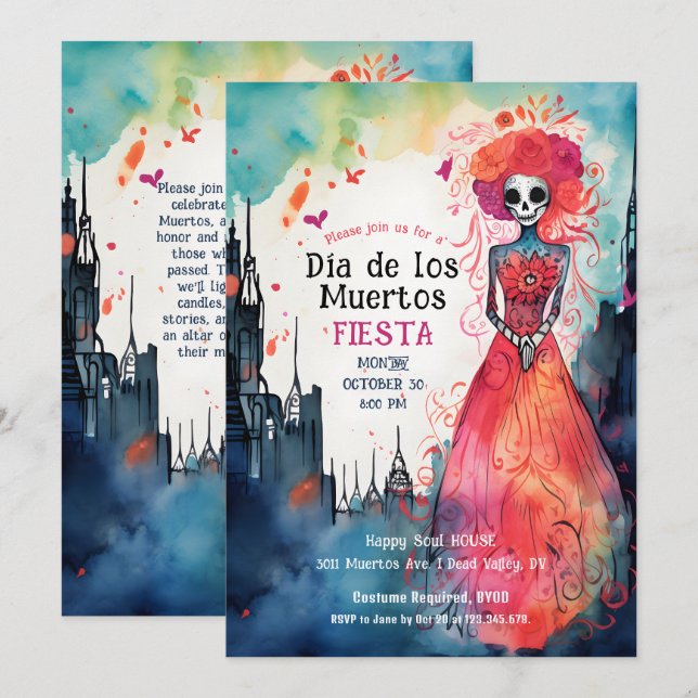  Lady Catrina's  Watercolor Blooming Tribute Invitation (Front/Back)