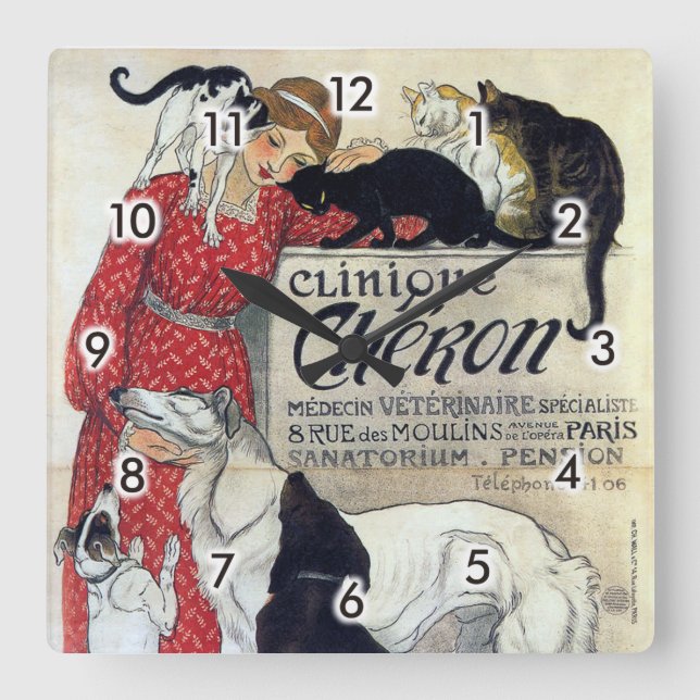 Lady, Cats, & Dogs, Alexandre Steinlen Square Wall Clock (Front)