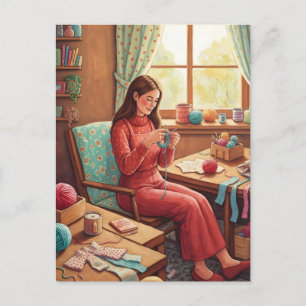 Lady Crocheting  in Her Cozy Craftting Room  Postcard