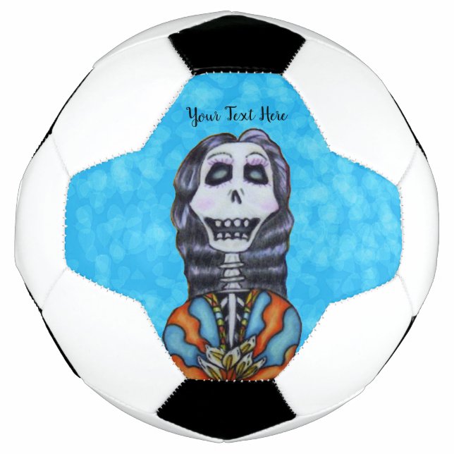Lady Day of Dead Skeleton Cape White Flowers Blue Soccer Ball (Front)