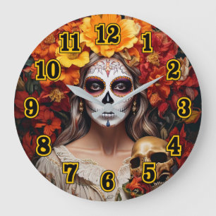 Lady de crâne de sucre grande horloge
