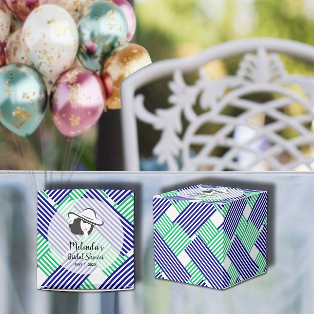 Lady Derby Big Hat Bridal Shower 2 x 2 Favor Box (Big Derby hat lady on blue and green diagonal stripes 2" square bridal shower favor boxes)