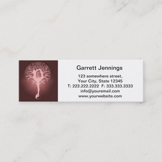 Lady doing yoga with red background. mini business card (Front)