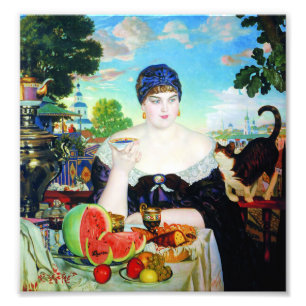 Lady Drinking Tea with Cat Photo Print