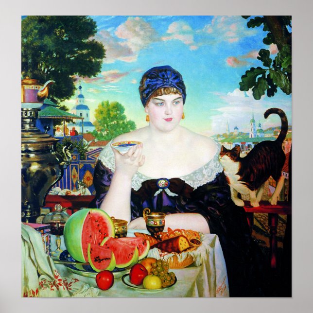 Lady Drinking Tea with Cat Poster (Front)
