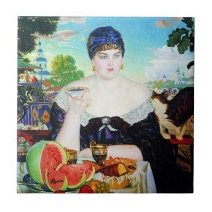 Lady Drinking Tea with Cat Tile