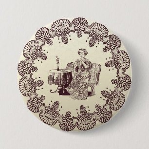 lady drinks tea 3 inch round button