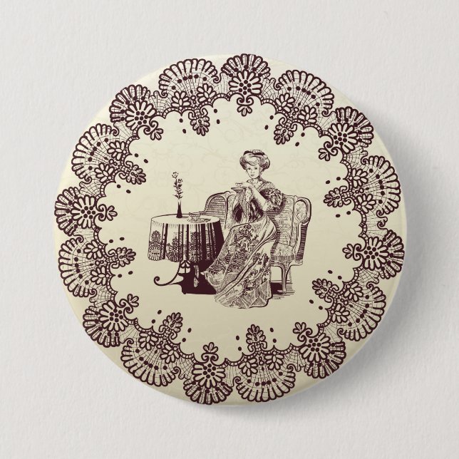 lady drinks tea 3 inch round button (Front)
