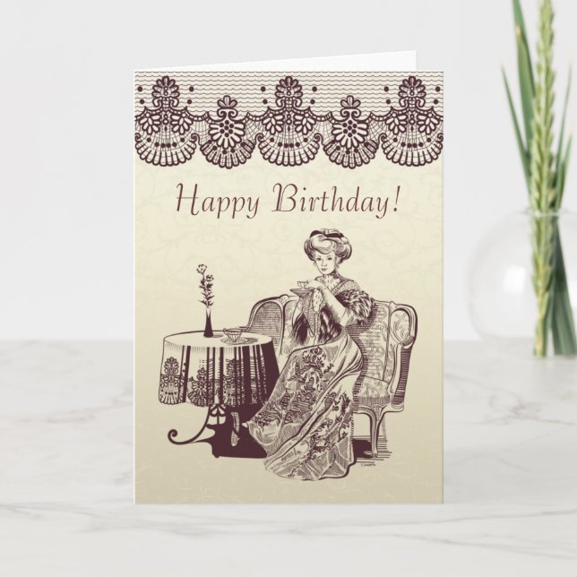 lady drinks tea card (Front)