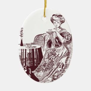 lady drinks tea ceramic ornament