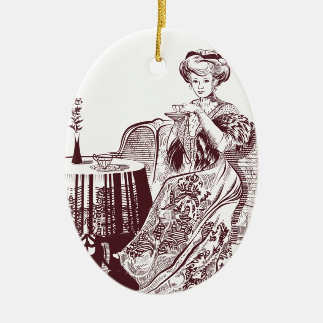 lady drinks tea ceramic ornament (Front)