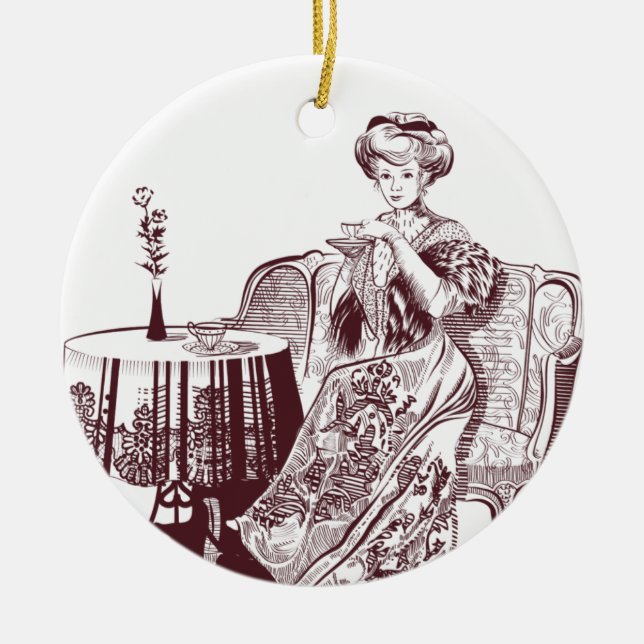 lady drinks tea ceramic ornament (Front)