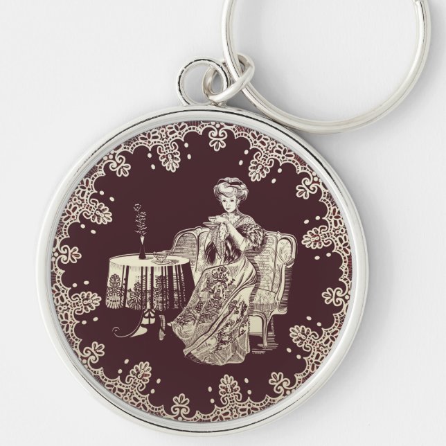 lady drinks tea keychain (Front)