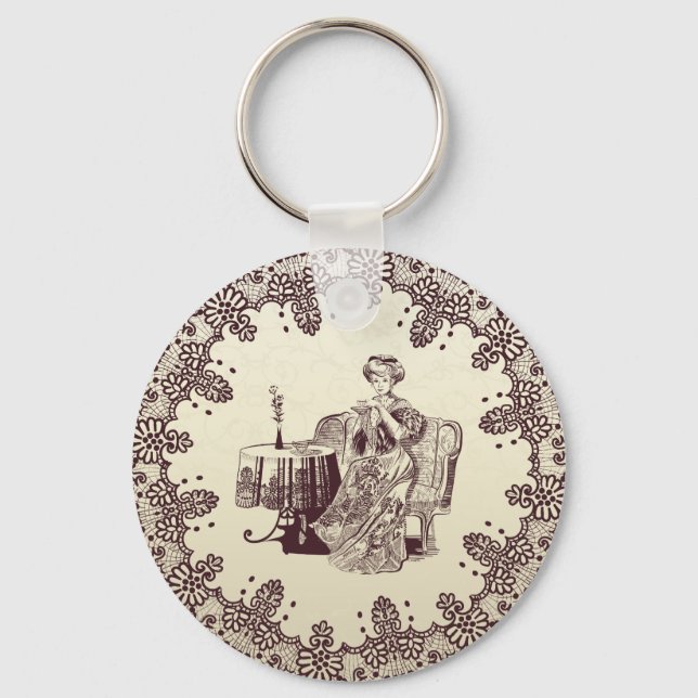 Lady drinks tea  keychain (Front)