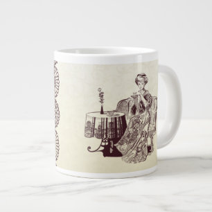 lady drinks tea large coffee mug
