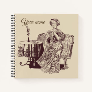 lady drinks tea notebook