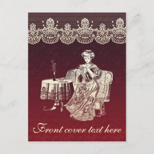 lady drinks tea postcard