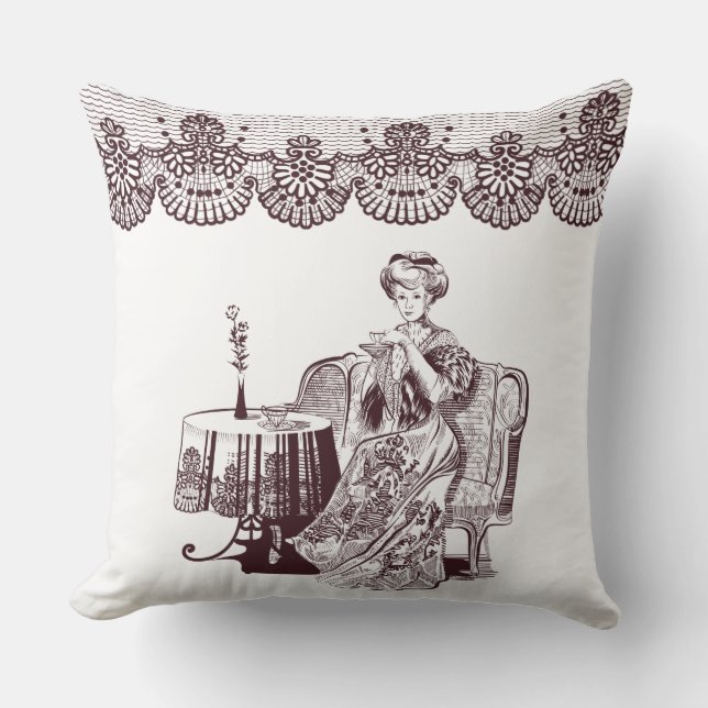 lady drinks tea throw pillow (Front)