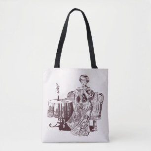 lady drinks tea tote bag