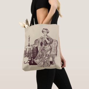 lady drinks tea tote bag