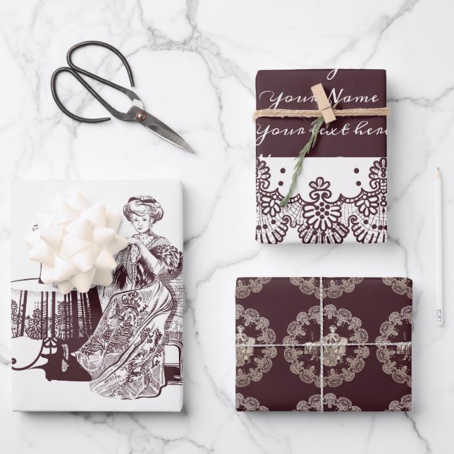 Lady drinks tea Wrapping Paper Flat Sheet Set of 3 (Front)