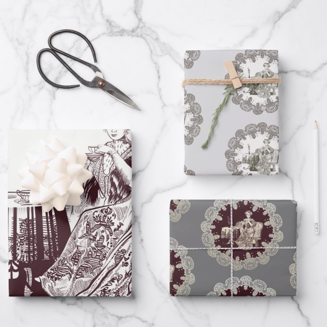 Lady drinks tea wrapping paper sheet (Front)