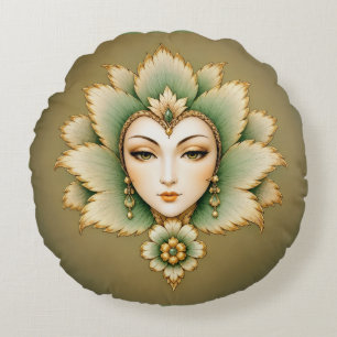 Lady Flower Emerald & Gold Earrings Persian Lotu Round Pillow