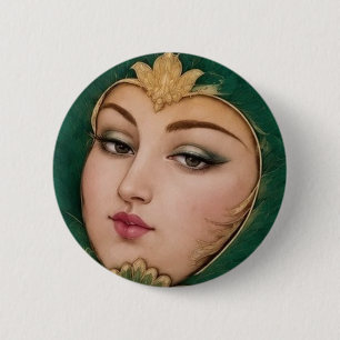 Lady Flower Emerald & Gold   Persian Carpet Art 2 Inch Round Button