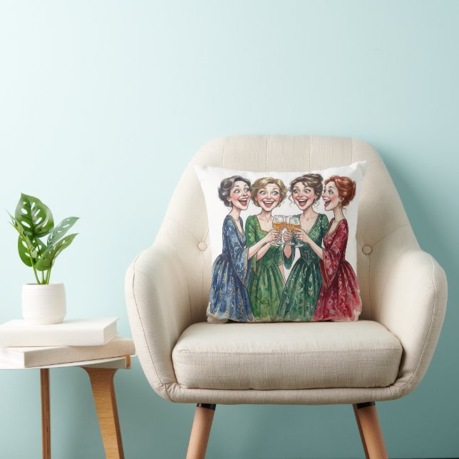 Lady Friends Toasting With Wine Glasses Throw Pillow (Chair)