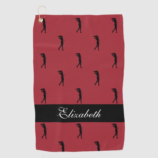 Lady Golfer Customized Name Pattern Red Black Golf Towel (Front)