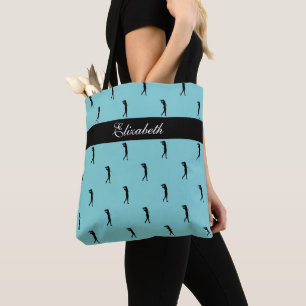 Lady Golfer Customized Name Pattern Teal Black Tote Bag