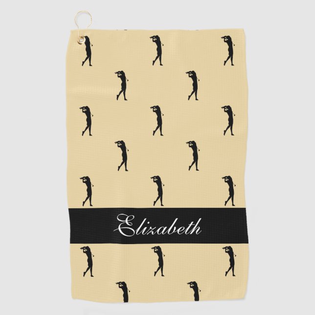 Lady Golfer Customized Name Pattern Yellow Black Golf Towel (Front)